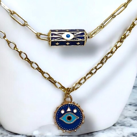 Gold toned and Blue Evil Eye Necklace Set Layer or wear alone - Picture 13 of 16